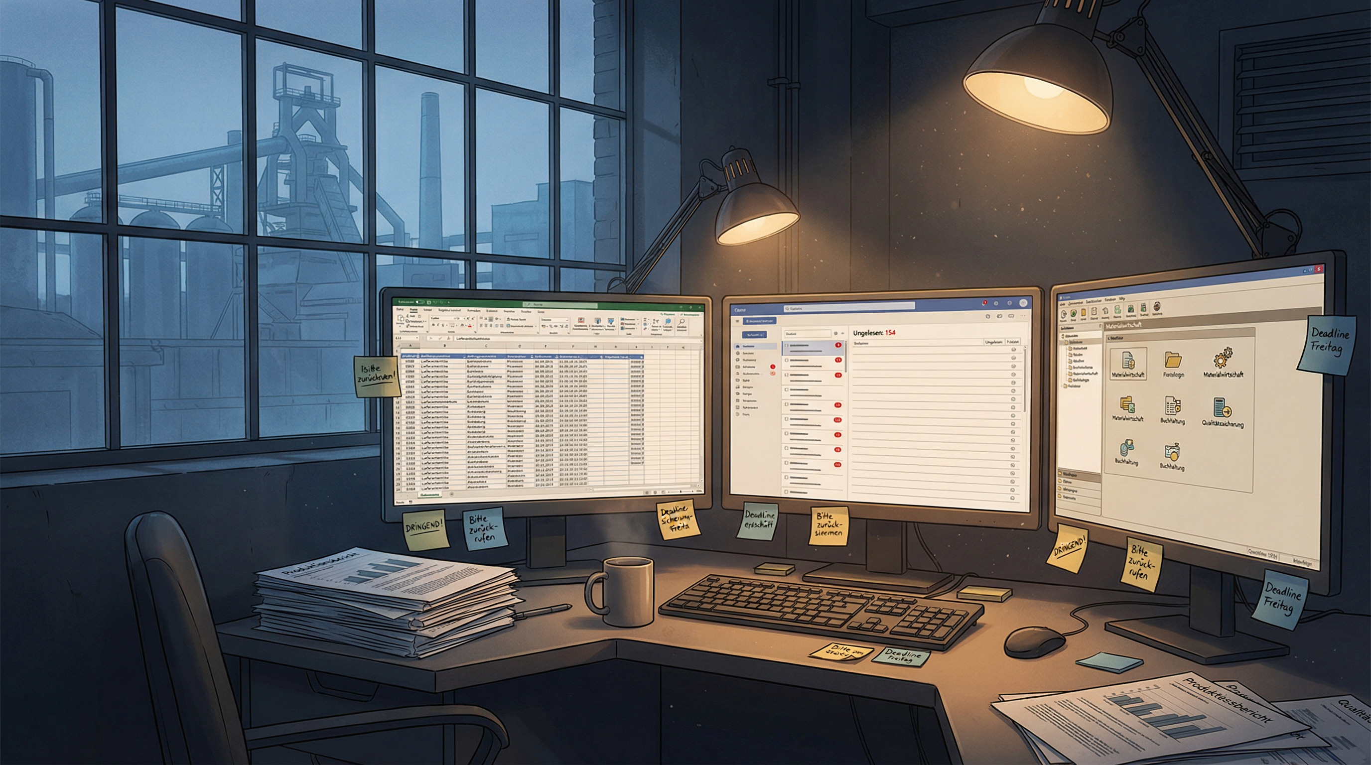 Büroarbeitsplatz in einem Produktionsunternehmen: mehrere Monitore mit Excel-Tabellen, Papierstapel, Haftnotizen – symbolisch für manuelle administrative Prozesse
